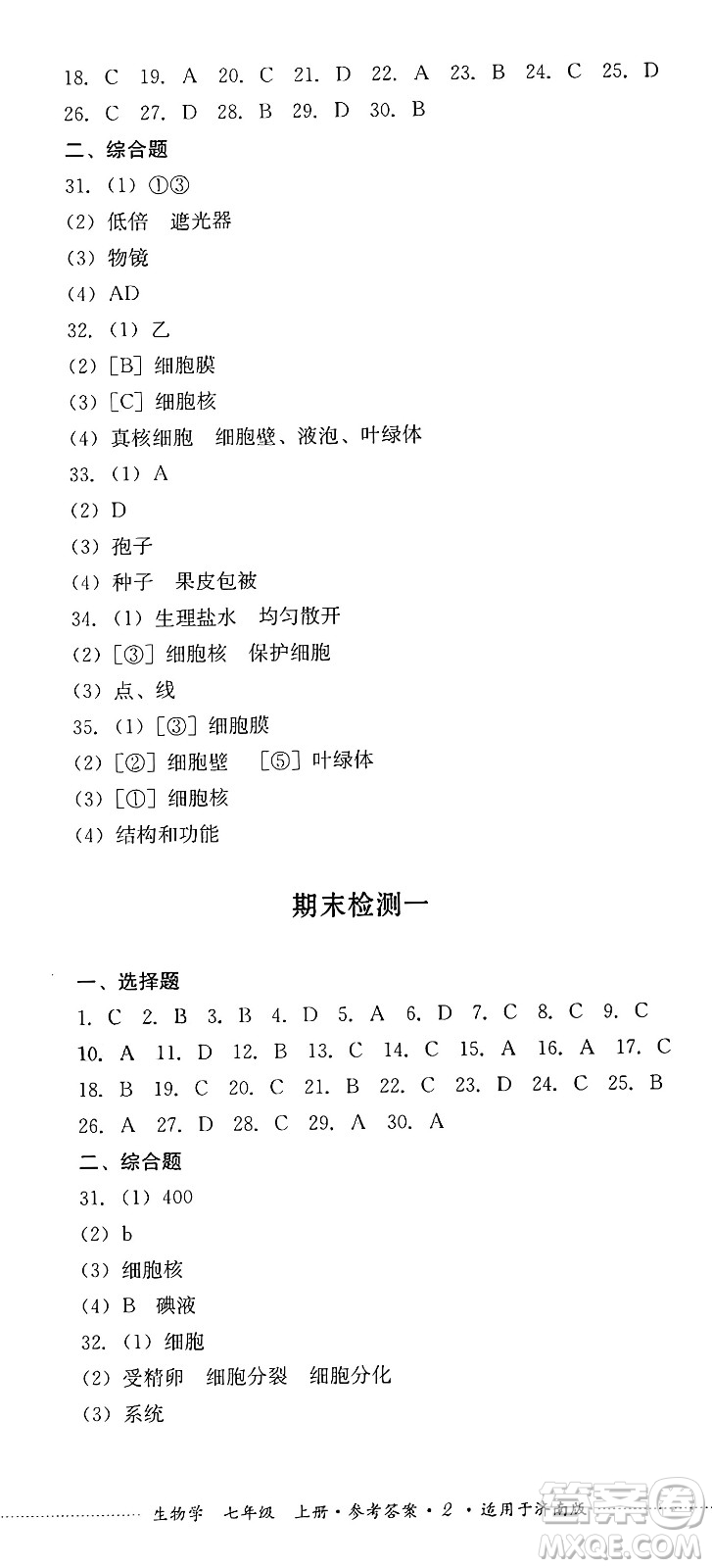 四川教育出版社2024年秋課堂伴侶學(xué)情點評七年級生物上冊濟南版答案
