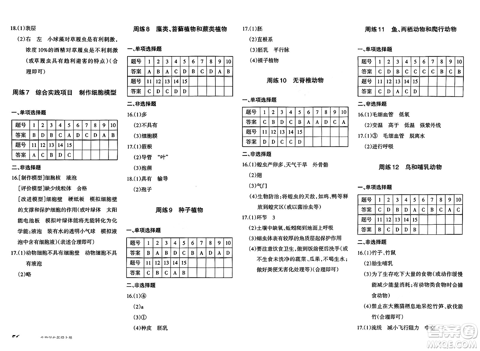 新疆青少年出版社2024年秋優(yōu)學(xué)1+1評價與測試七年級生物上冊通用版答案