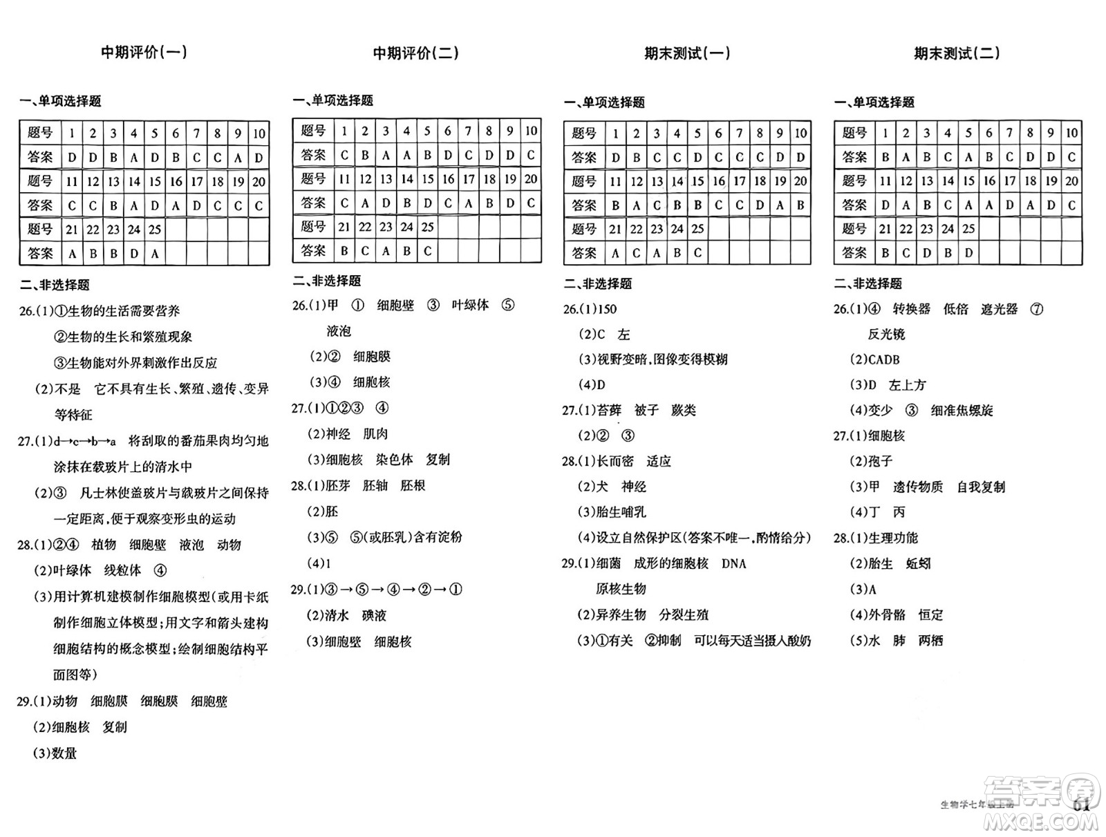 新疆青少年出版社2024年秋優(yōu)學(xué)1+1評價與測試七年級生物上冊通用版答案