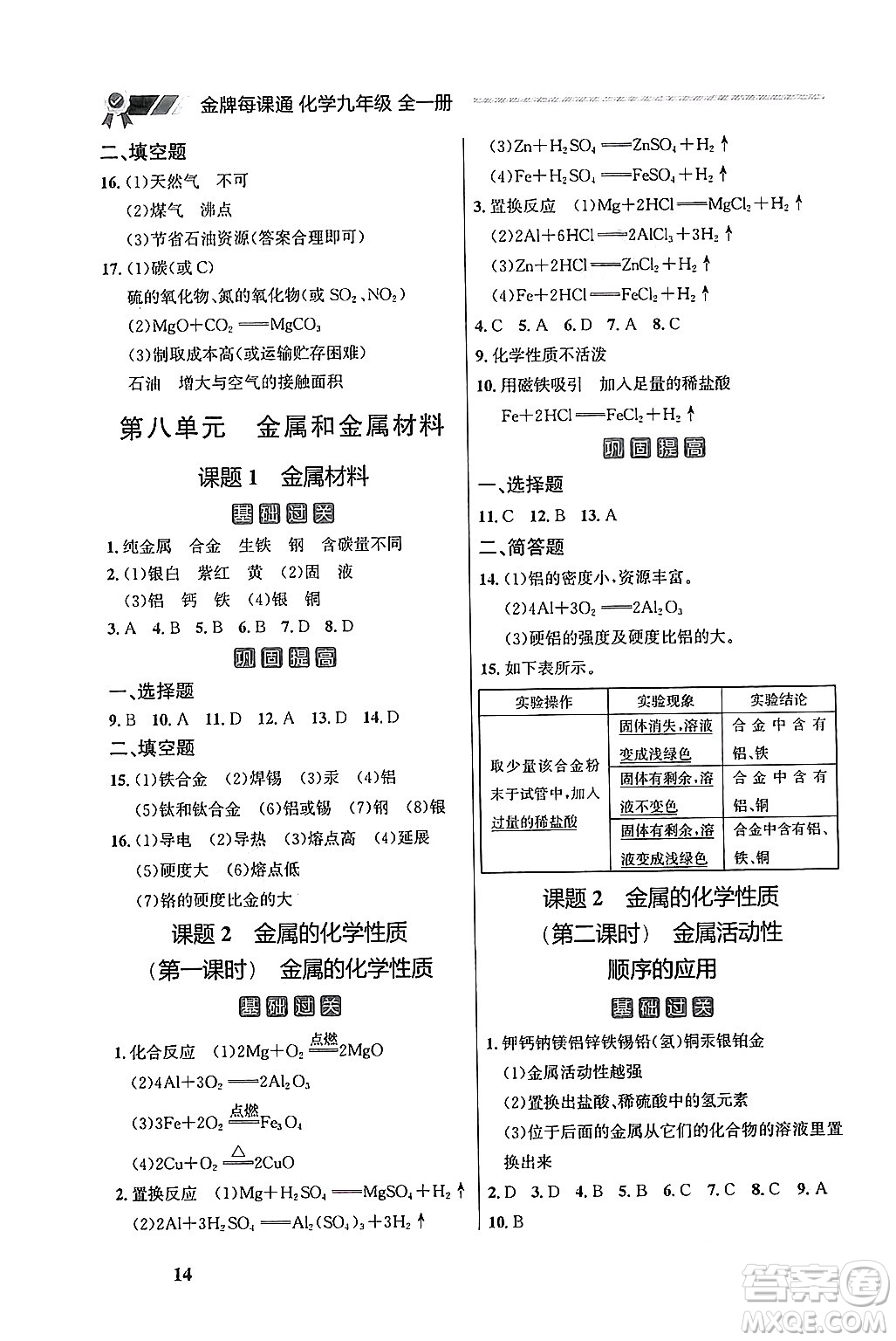 大連出版社2025年秋點石成金金牌每課通九年級化學(xué)全一冊人教版遼寧專版答案