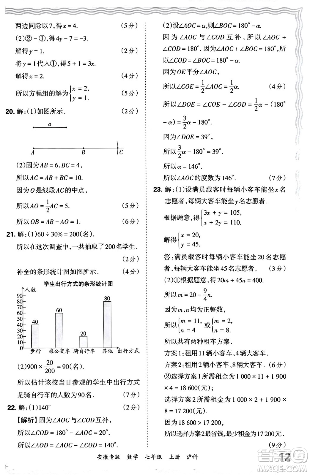 江西人民出版社2024年秋王朝霞各地期末試卷精選七年級(jí)數(shù)學(xué)上冊(cè)滬科版安徽專(zhuān)版答案