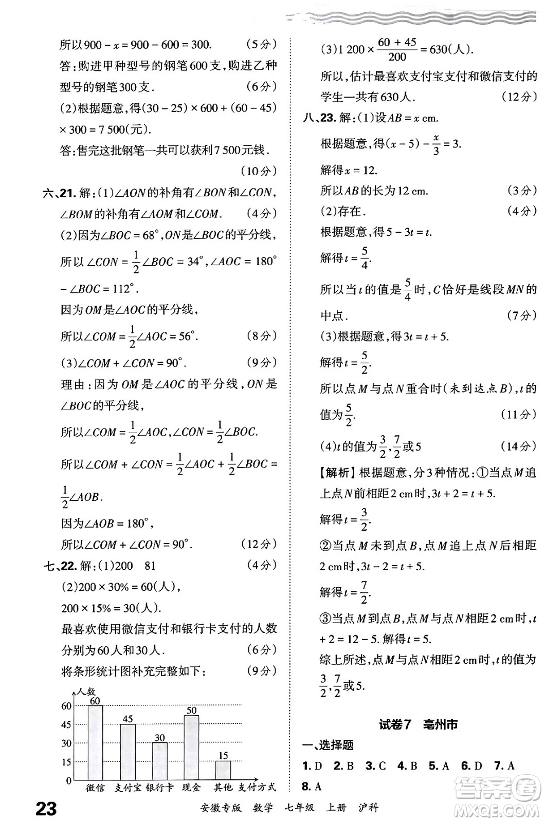 江西人民出版社2024年秋王朝霞各地期末試卷精選七年級(jí)數(shù)學(xué)上冊(cè)滬科版安徽專(zhuān)版答案