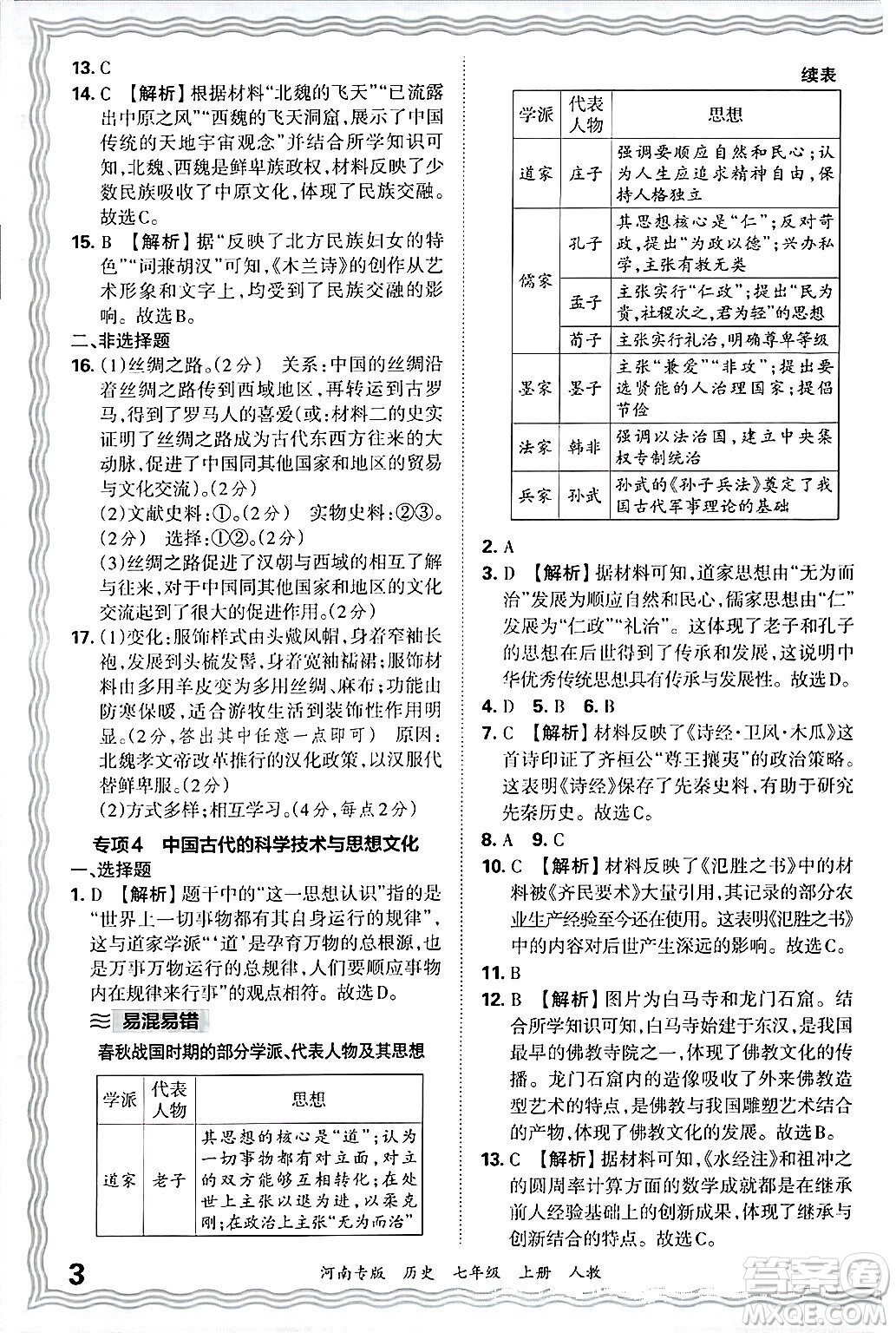 江西人民出版社2024年秋王朝霞各地期末試卷精選七年級(jí)歷史上冊(cè)人教版河南專版答案