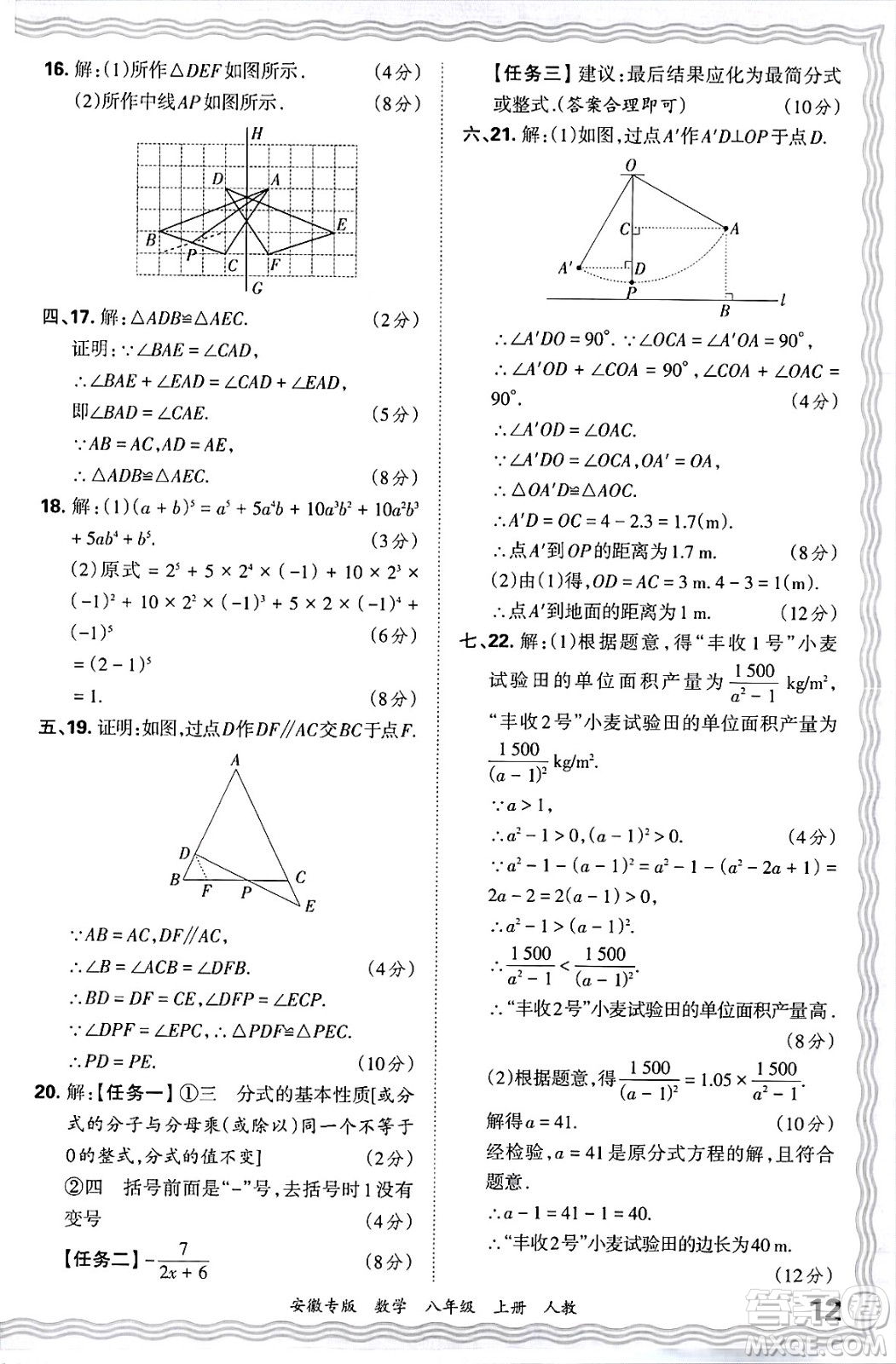 江西人民出版社2024年秋王朝霞各地期末試卷精選八年級(jí)數(shù)學(xué)上冊(cè)人教版安徽專版答案