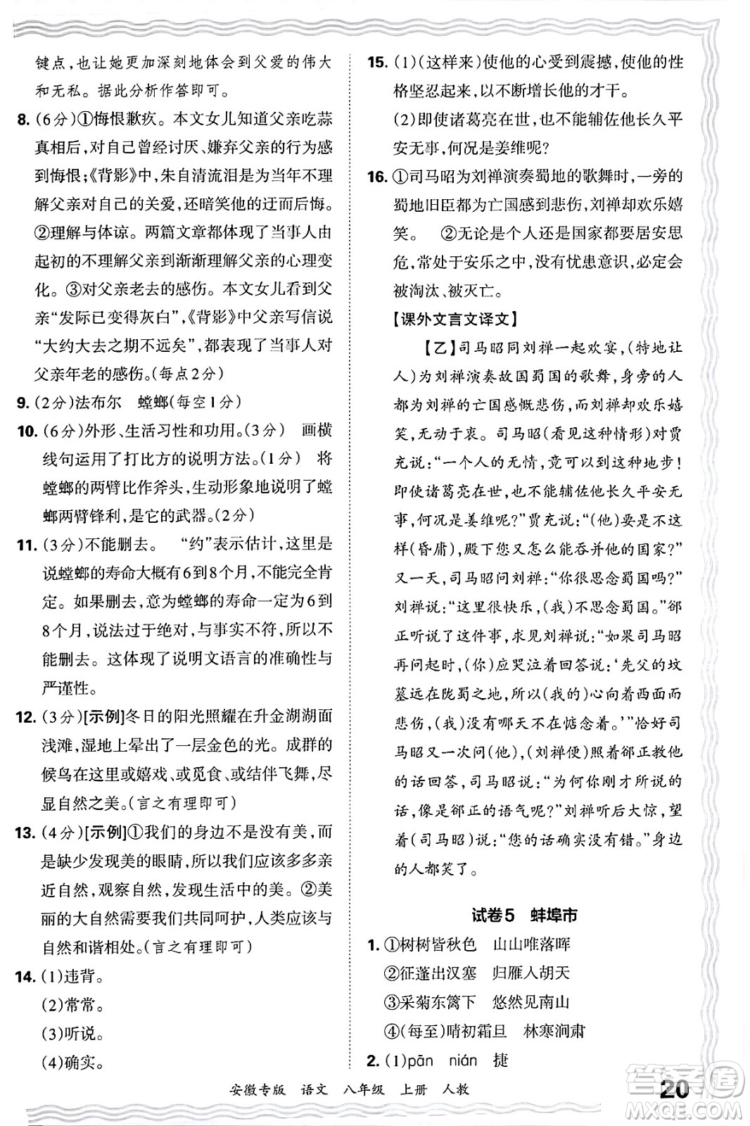 江西人民出版社2024年秋王朝霞各地期末試卷精選八年級語文上冊人教版安徽專版答案