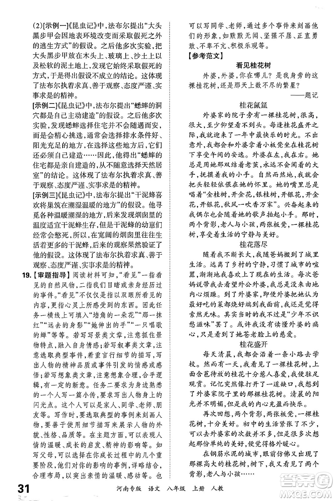 江西人民出版社2024年秋王朝霞各地期末試卷精選八年級語文上冊人教版河南專版答案