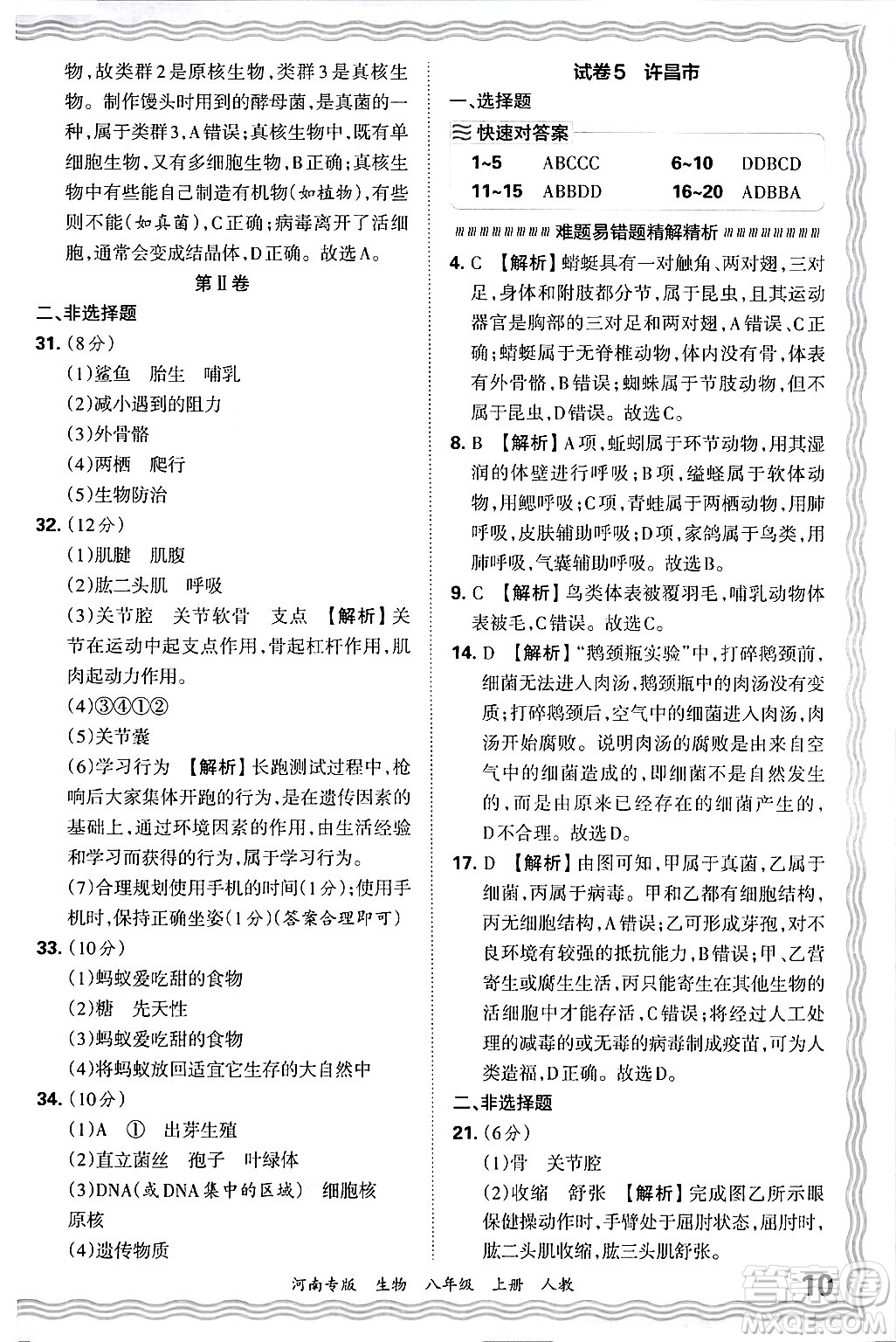 江西人民出版社2024年秋王朝霞各地期末試卷精選八年級(jí)生物上冊(cè)人教版河南專版答案