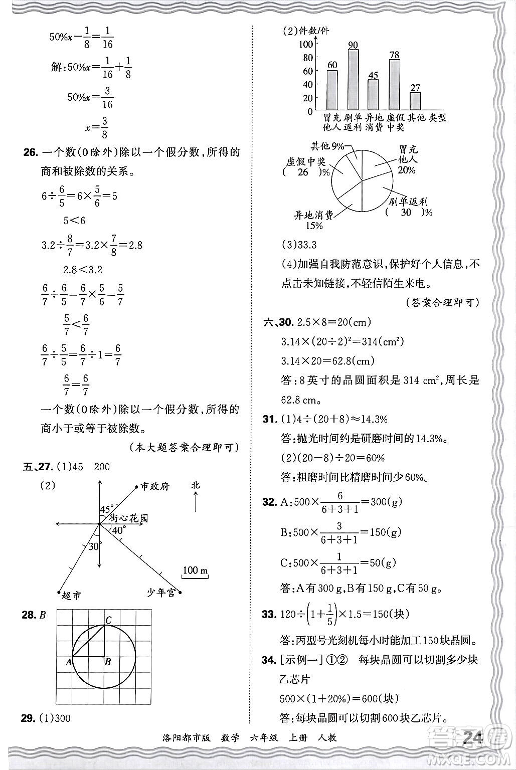 江西人民出版社2024年秋王朝霞各地期末試卷精選六年級數(shù)學上冊人教版洛陽專版答案