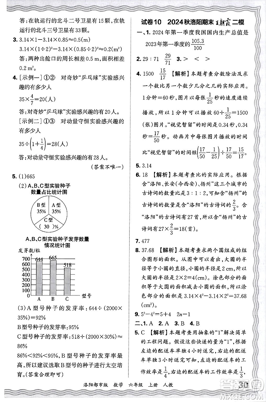 江西人民出版社2024年秋王朝霞各地期末試卷精選六年級數(shù)學上冊人教版洛陽專版答案