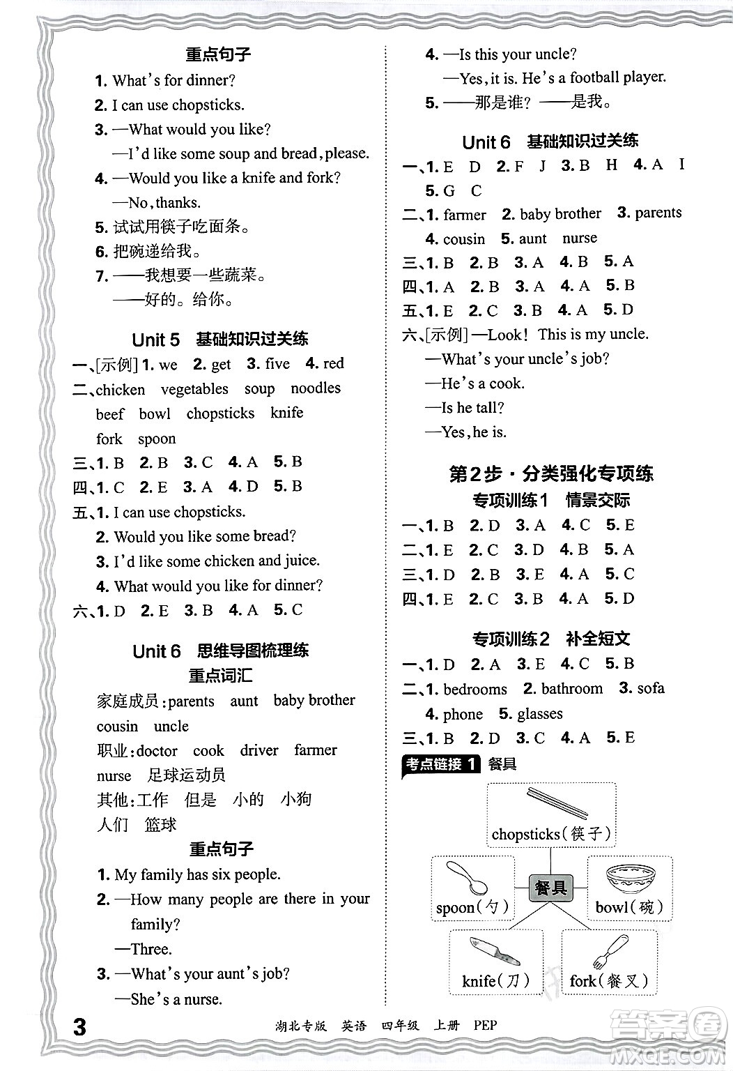 江西人民出版社2024年秋王朝霞各地期末試卷精選四年級(jí)英語(yǔ)上冊(cè)人教PEP版湖北專版答案