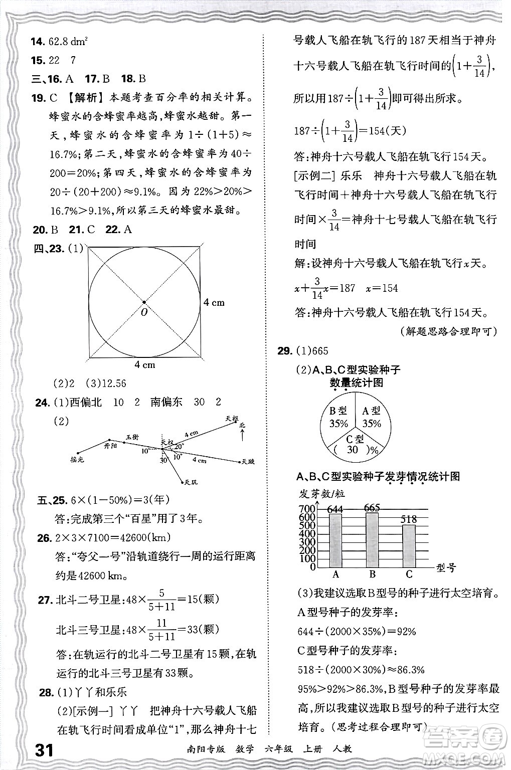 江西人民出版社2024年秋王朝霞期末真題精編六年級數(shù)學(xué)上冊人教版南陽專版答案