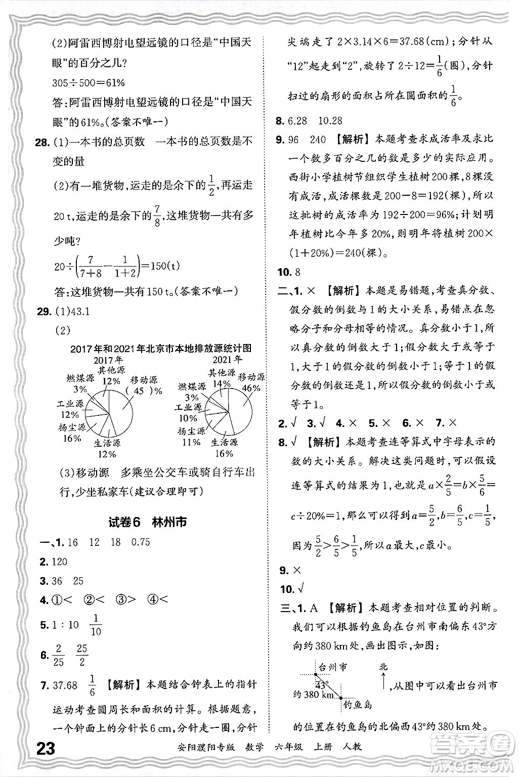 江西人民出版社2024年秋王朝霞期末真題精編六年級數(shù)學(xué)上冊人教版安陽濮陽專版答案