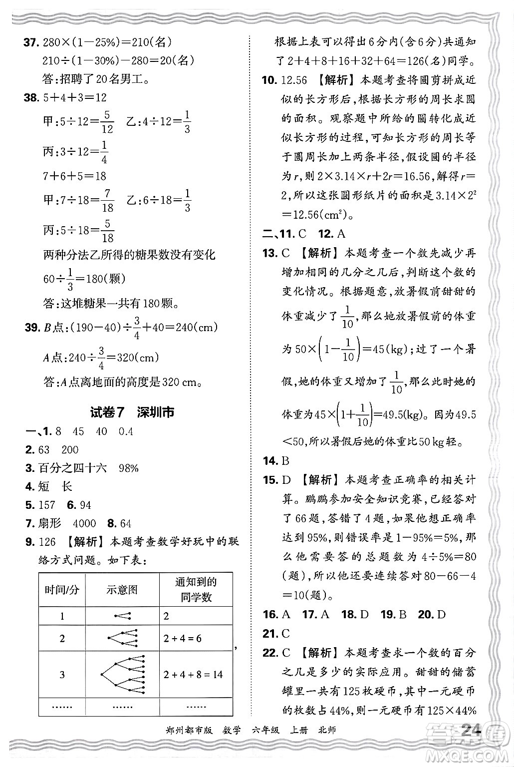 江西人民出版社2024年秋王朝霞期末真題精編六年級(jí)數(shù)學(xué)上冊(cè)北師大版鄭州都市版答案