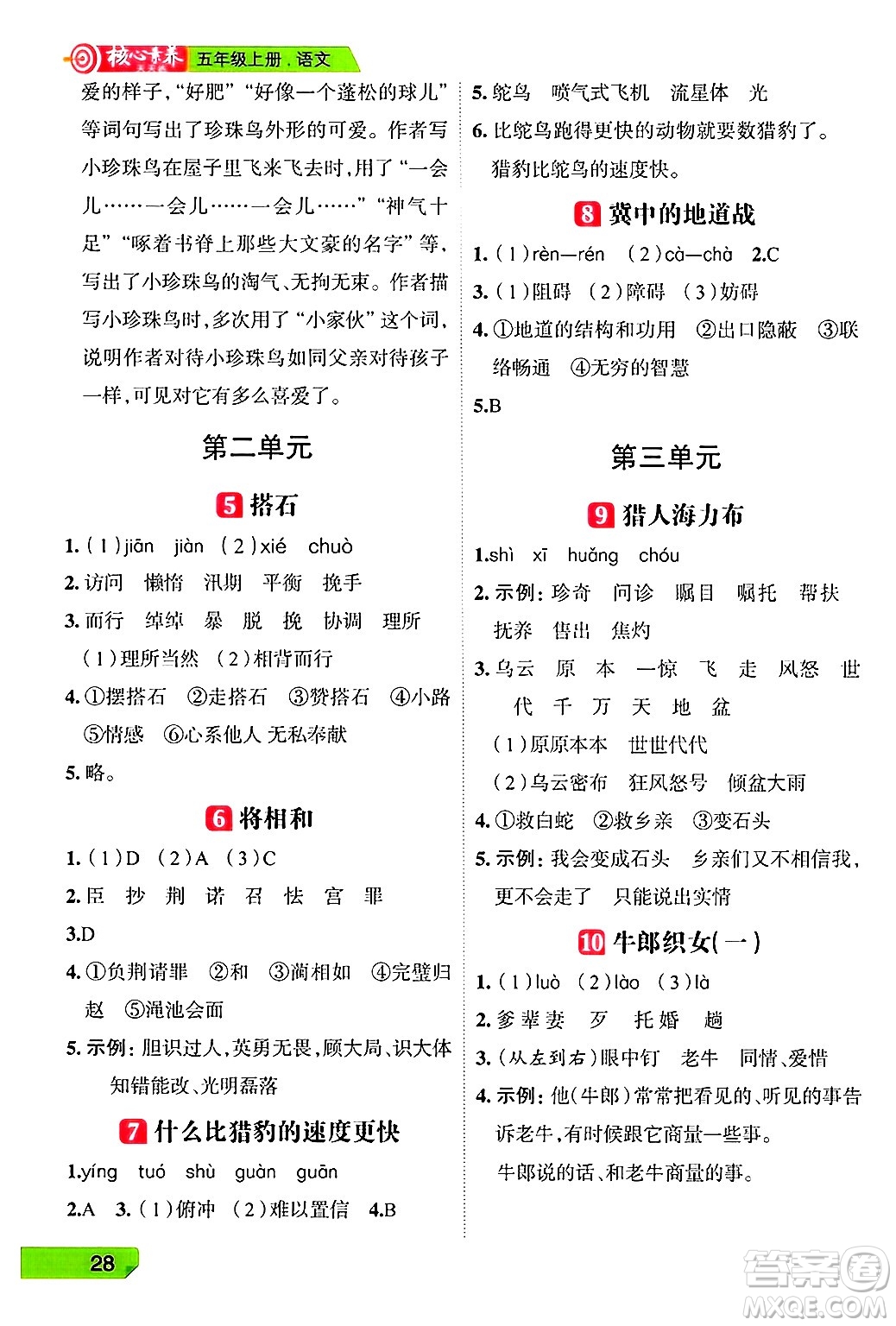 南方出版社2024秋學(xué)緣教育核心素養(yǎng)天天練五年級(jí)語文上冊(cè)人教版福建專版答案