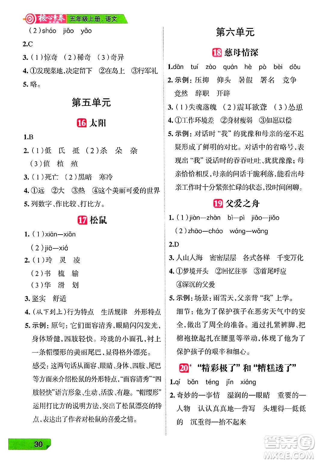 南方出版社2024秋學(xué)緣教育核心素養(yǎng)天天練五年級(jí)語文上冊(cè)人教版福建專版答案