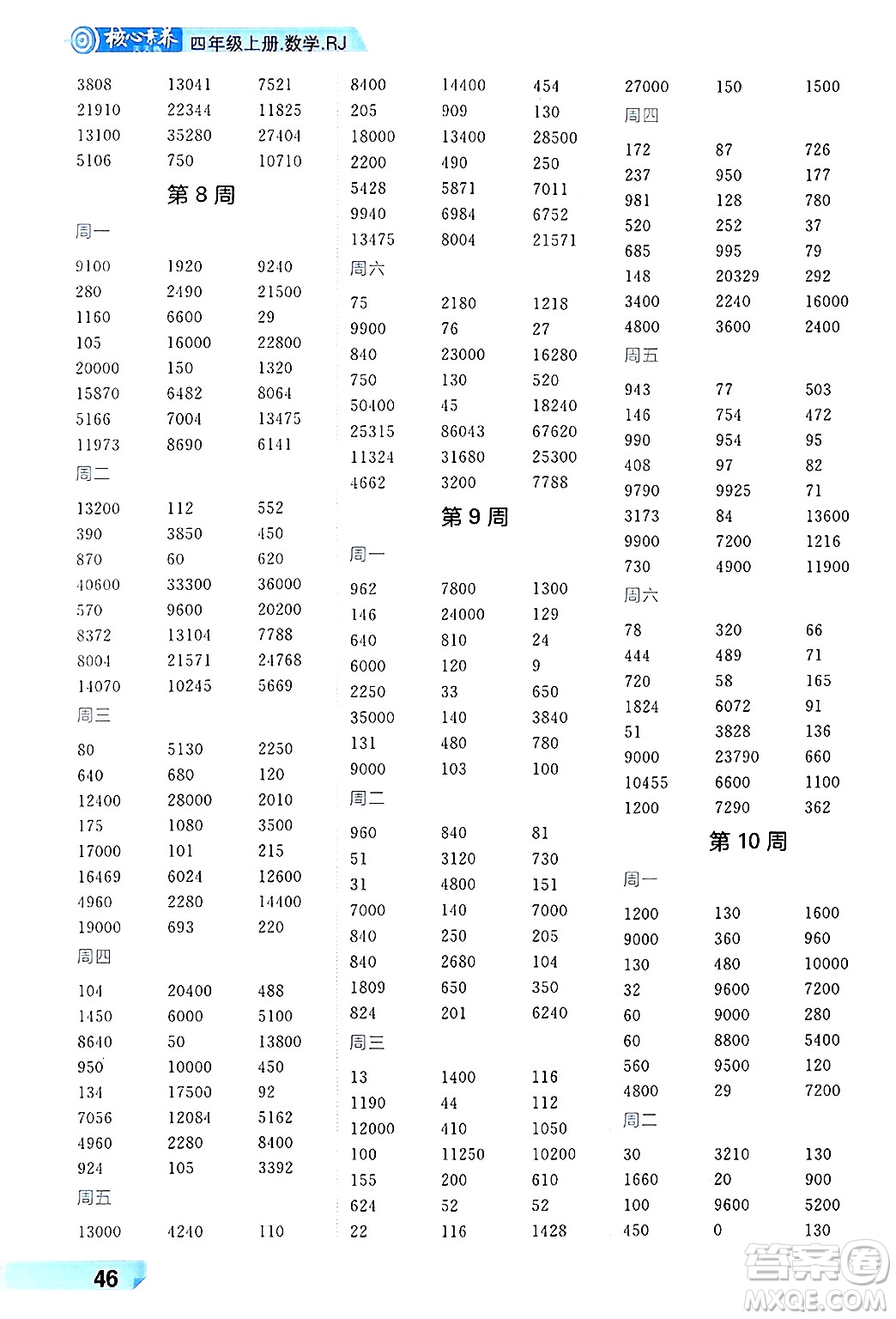 南方出版社2024秋學緣教育核心素養(yǎng)天天練四年級數(shù)學上冊人教版福建專版答案