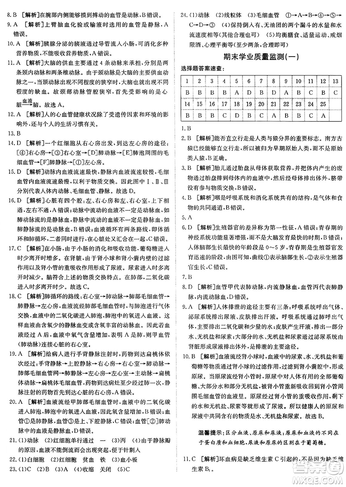 新疆青少年出版社2024年秋神龍教育期末考向標全程跟蹤突破測試卷七年級生物上冊魯科版答案