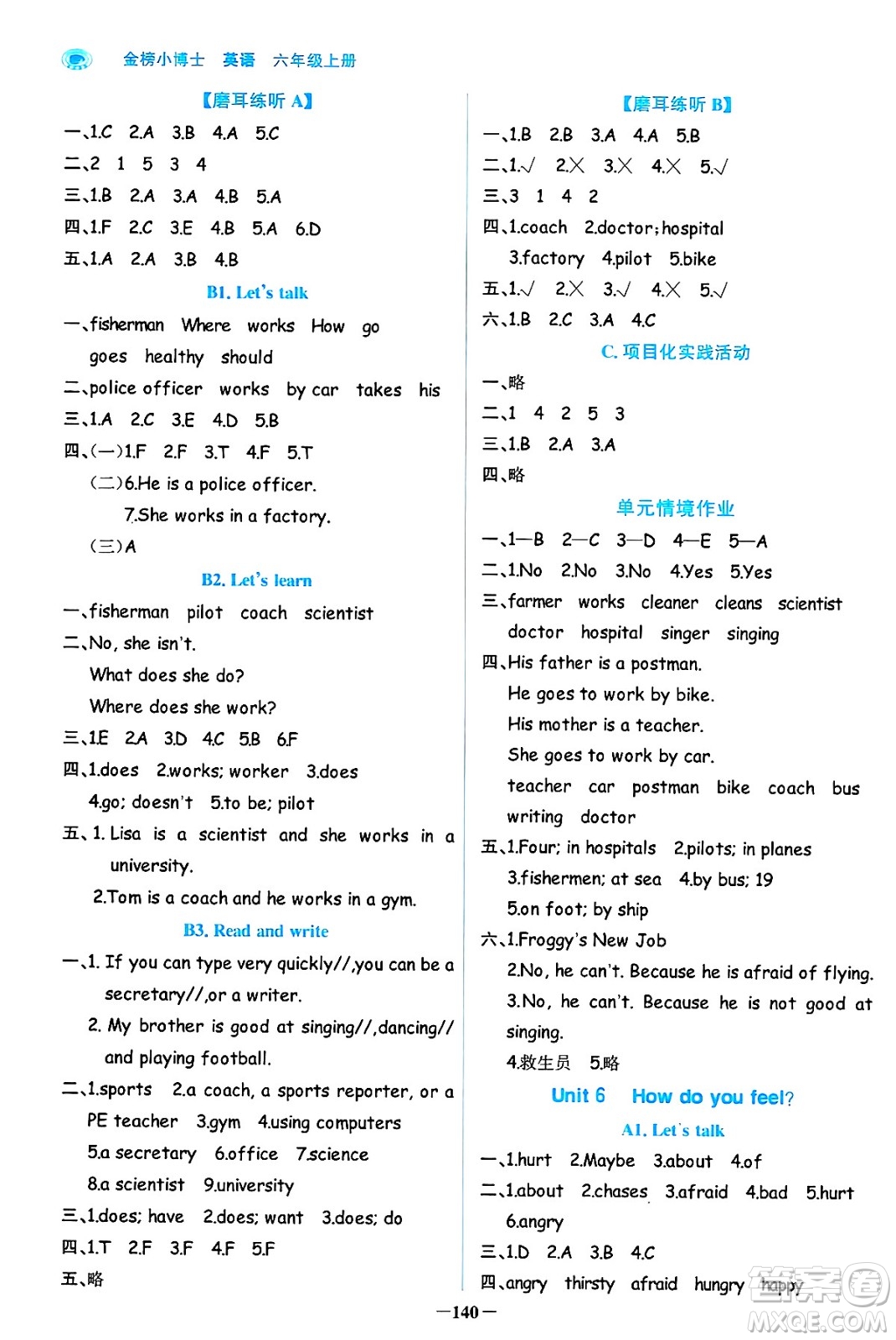 遼寧少年兒童出版社2024年秋世紀(jì)金榜金榜小博士課時(shí)提優(yōu)作業(yè)六年級(jí)英語上冊(cè)通用版三起點(diǎn)答案