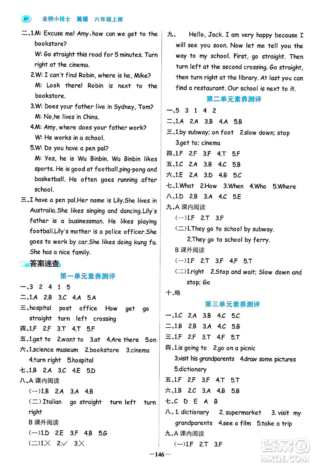 遼寧少年兒童出版社2024年秋世紀(jì)金榜金榜小博士課時(shí)提優(yōu)作業(yè)六年級(jí)英語上冊(cè)通用版三起點(diǎn)答案