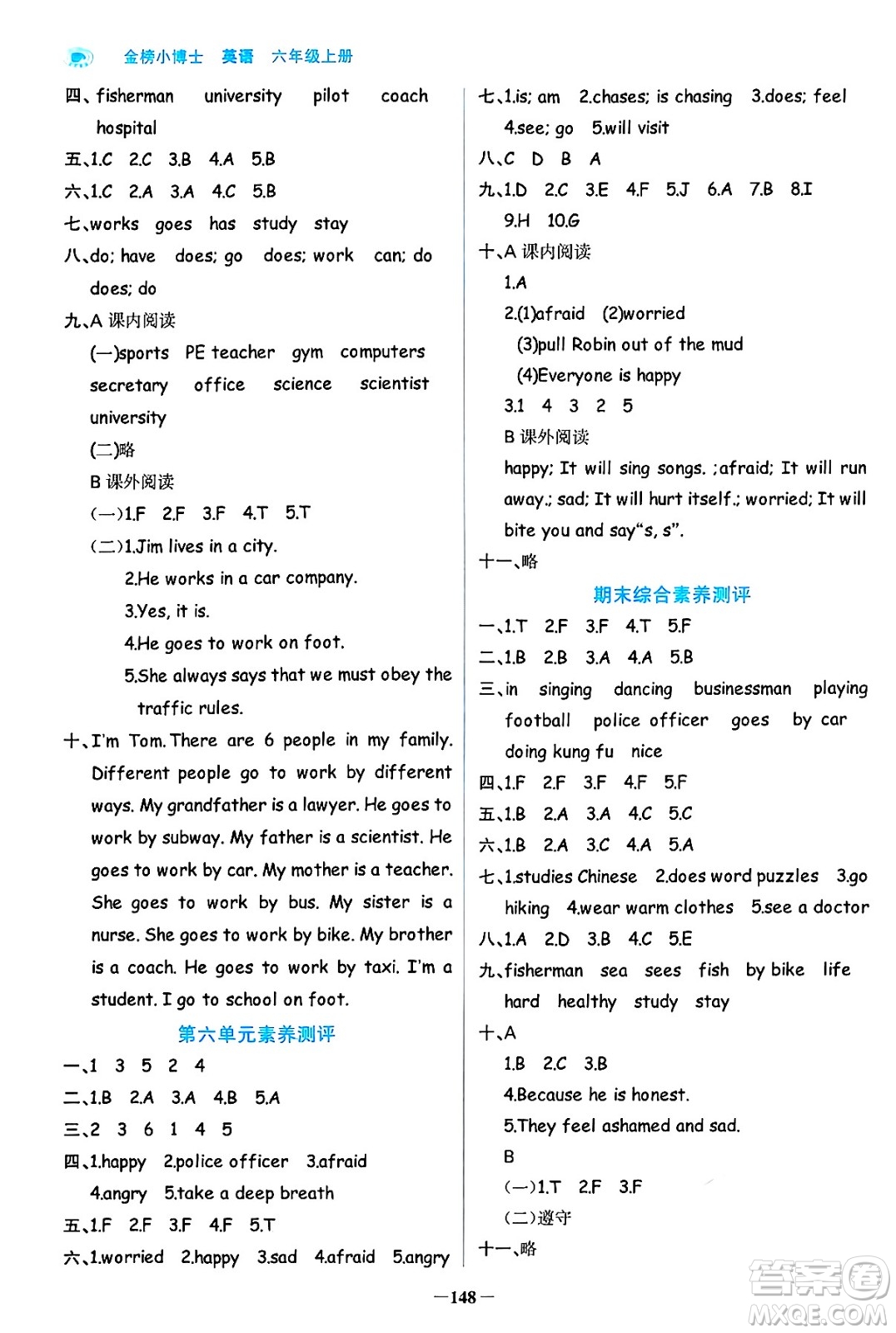 遼寧少年兒童出版社2024年秋世紀(jì)金榜金榜小博士課時(shí)提優(yōu)作業(yè)六年級(jí)英語上冊(cè)通用版三起點(diǎn)答案