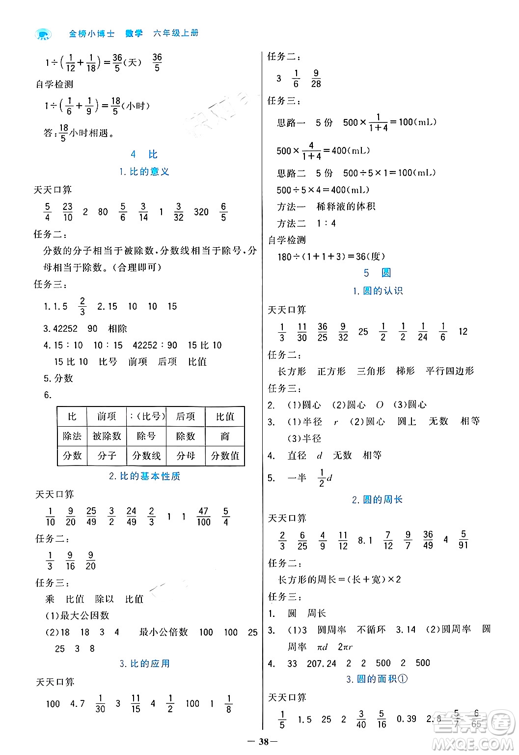 遼寧少年兒童出版社2024年秋世紀(jì)金榜金榜小博士課時提優(yōu)作業(yè)六年級數(shù)學(xué)上冊人教版答案