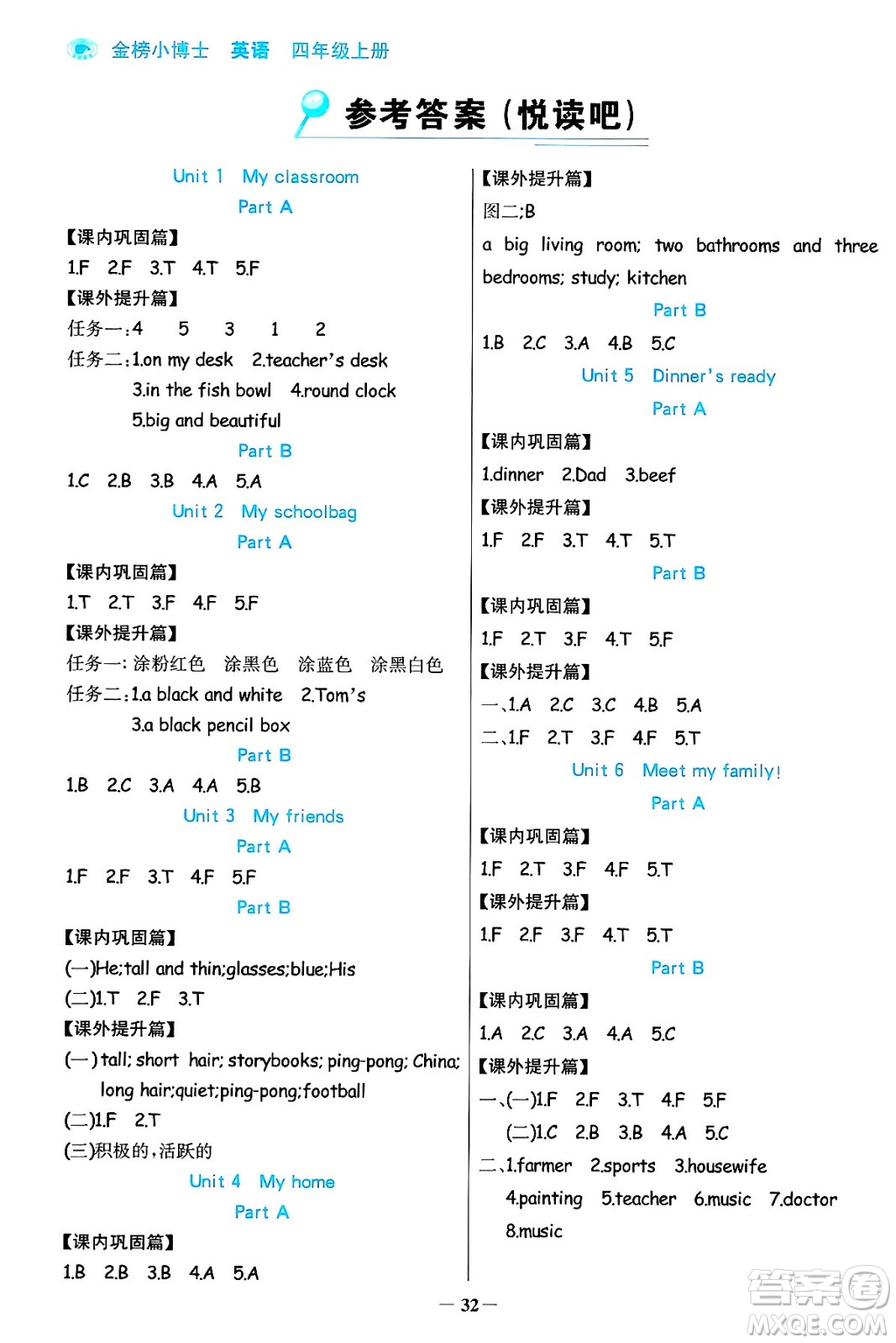 遼寧少年兒童出版社2024年秋世紀金榜金榜小博士課時提優(yōu)作業(yè)四年級英語上冊通用版三起點答案
