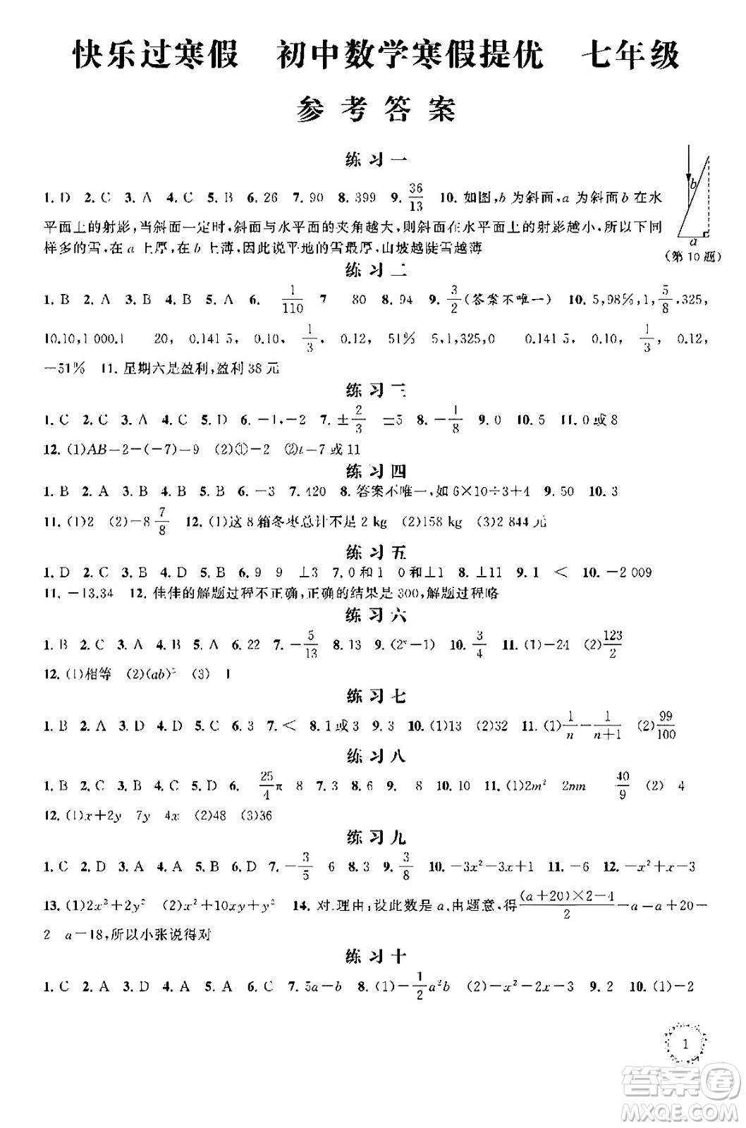 江蘇鳳凰科學技術(shù)出版社2025年快樂過寒假初中數(shù)學寒假提優(yōu)七年級數(shù)學通用版答案