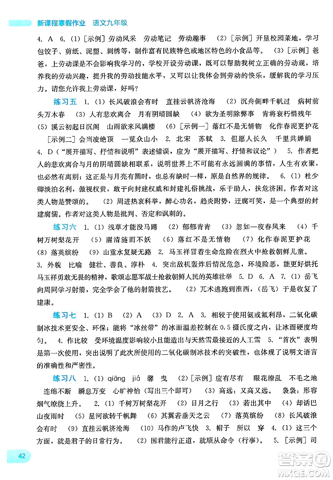 廣西教育出版社2025年新課程寒假作業(yè)九年級語文通用版答案