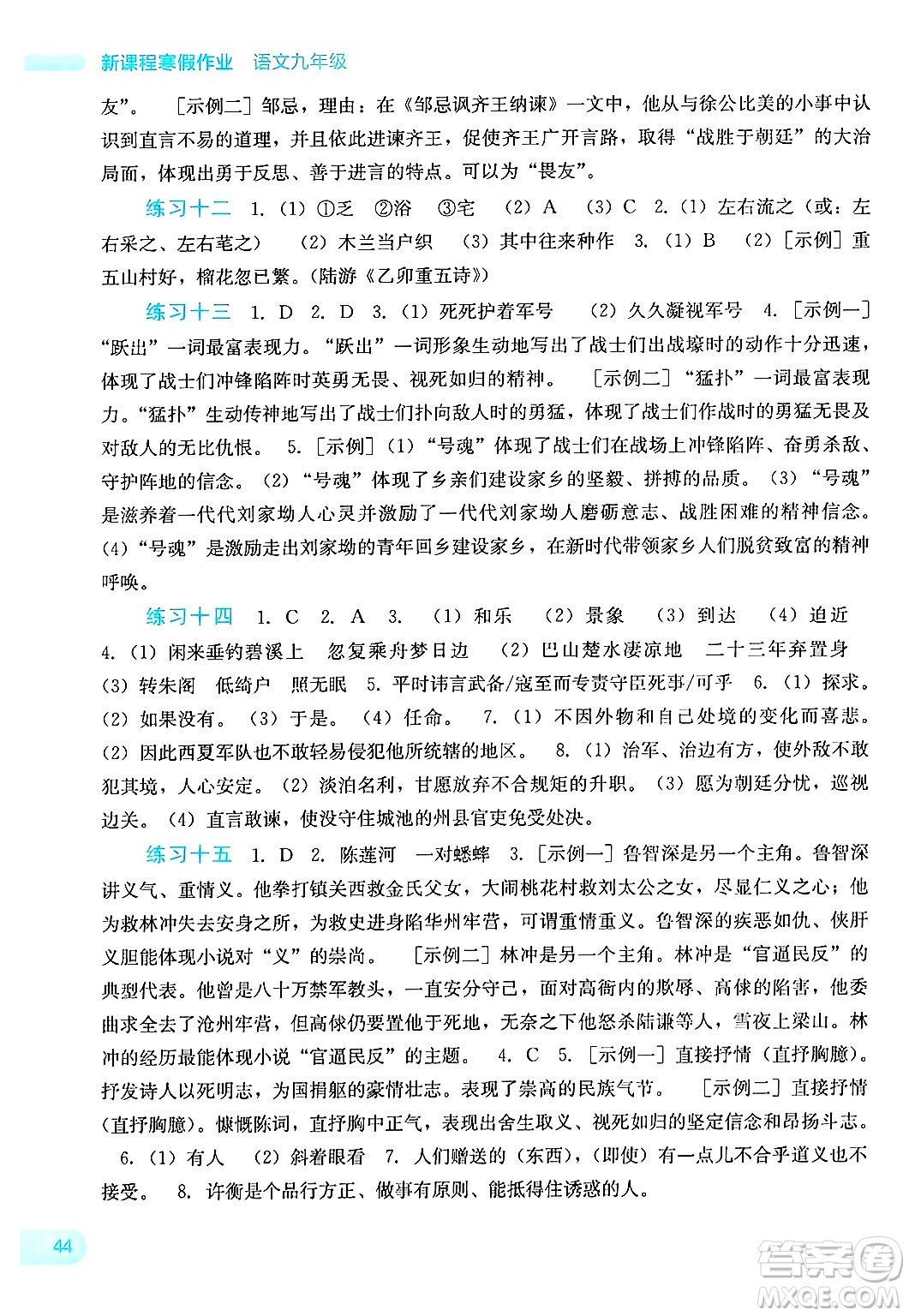 廣西教育出版社2025年新課程寒假作業(yè)九年級語文通用版答案