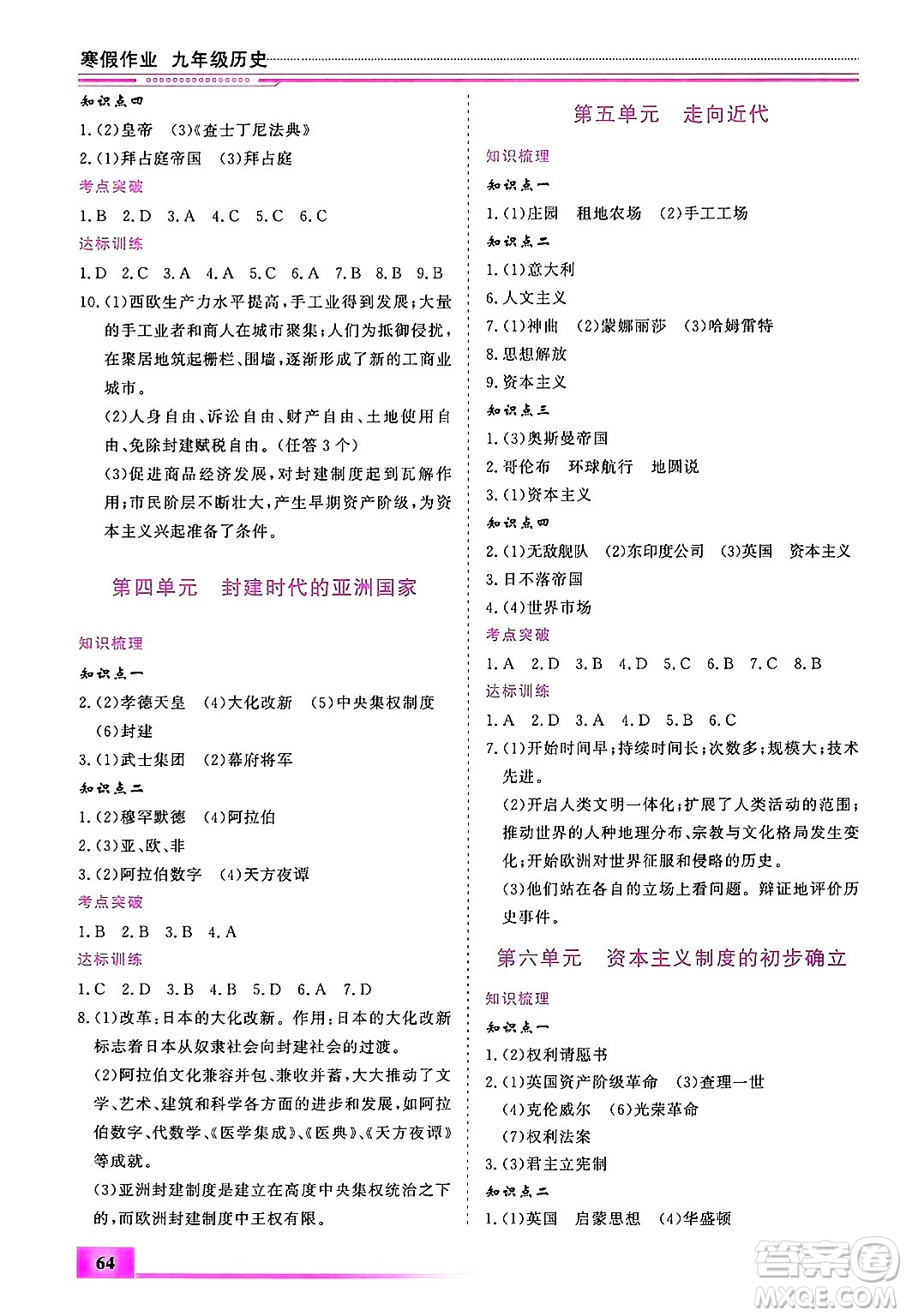 內蒙古大學出版社2025年文軒假期生活指導寒假作業(yè)九年級歷史通用版答案