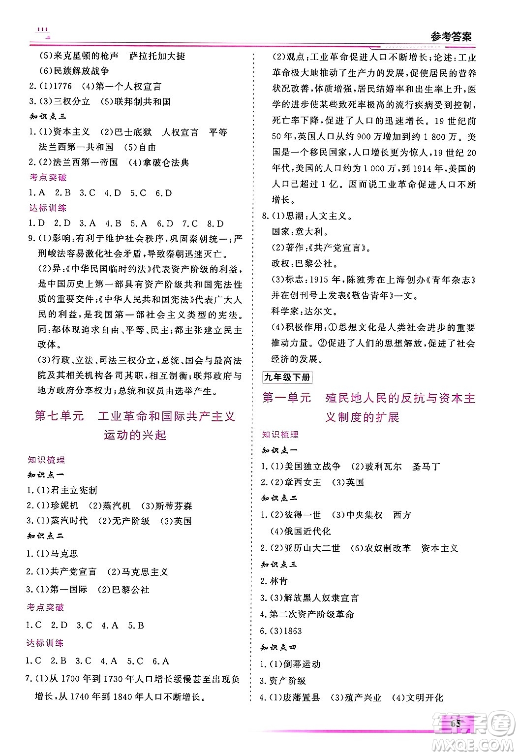 內蒙古大學出版社2025年文軒假期生活指導寒假作業(yè)九年級歷史通用版答案