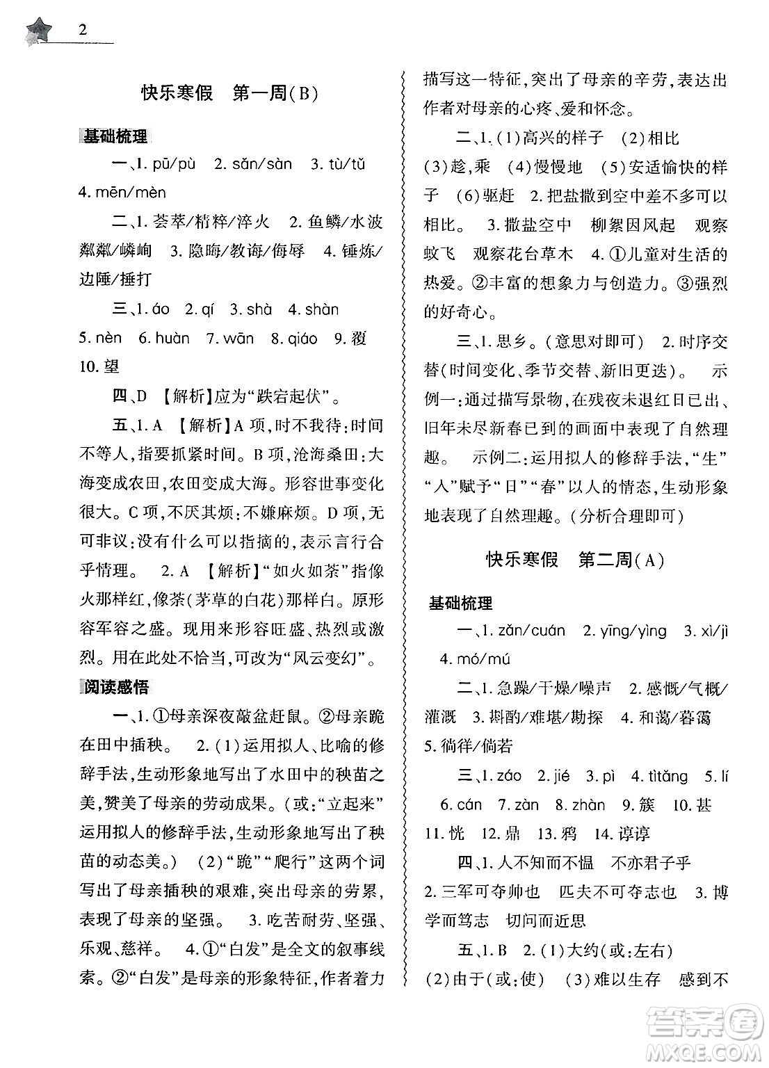 大象出版社2025年寒假作業(yè)本七年級(jí)語(yǔ)文部編版答案