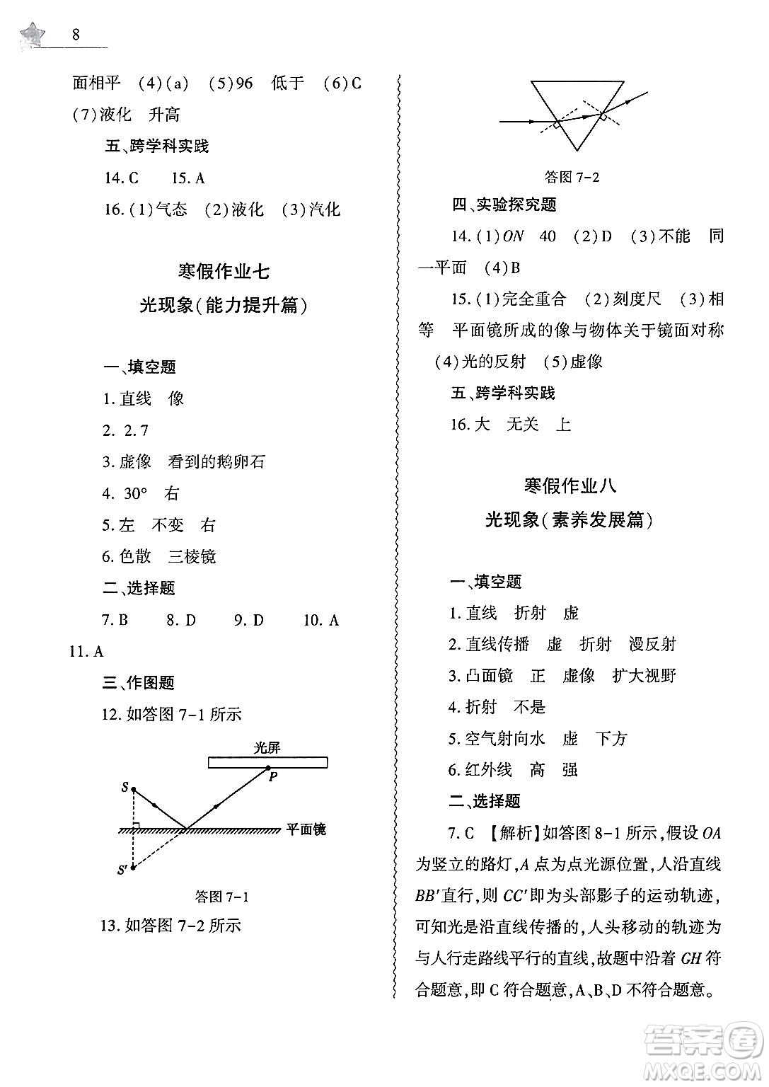 大象出版社2025年寒假作業(yè)本八年級物理通用版答案