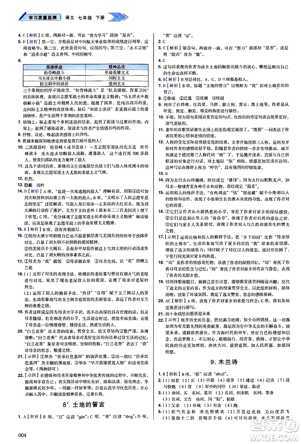 天津教育出版社2025年春學(xué)習(xí)質(zhì)量監(jiān)測七年級語文下冊人教版答案