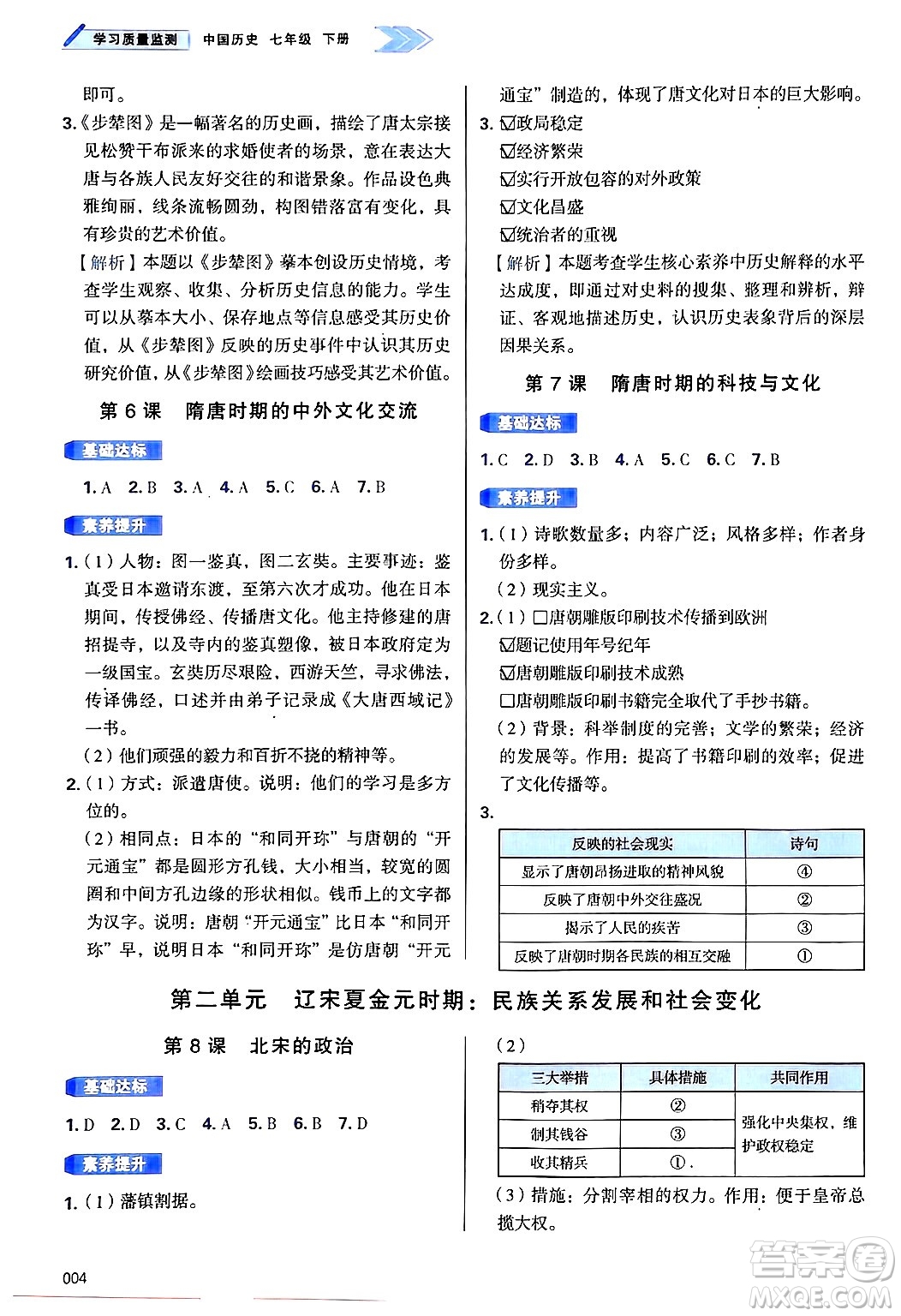 天津教育出版社2025年春學(xué)習(xí)質(zhì)量監(jiān)測(cè)七年級(jí)歷史下冊(cè)人教版答案