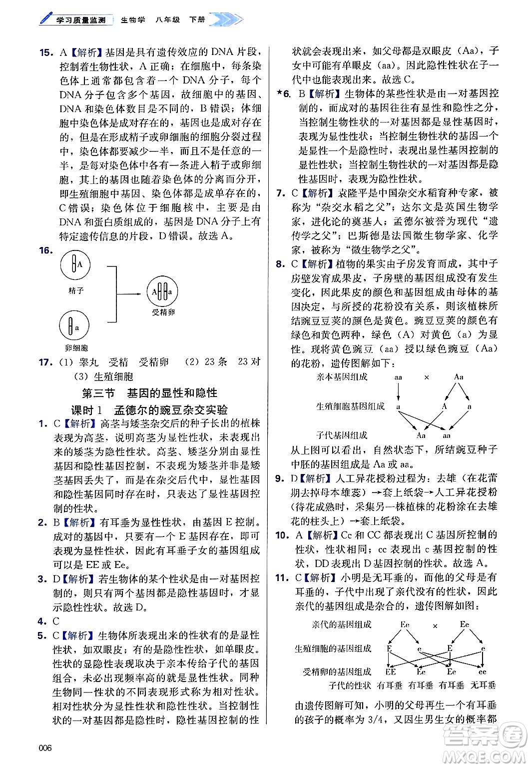 天津教育出版社2025年春學(xué)習(xí)質(zhì)量監(jiān)測(cè)八年級(jí)生物下冊(cè)人教版答案