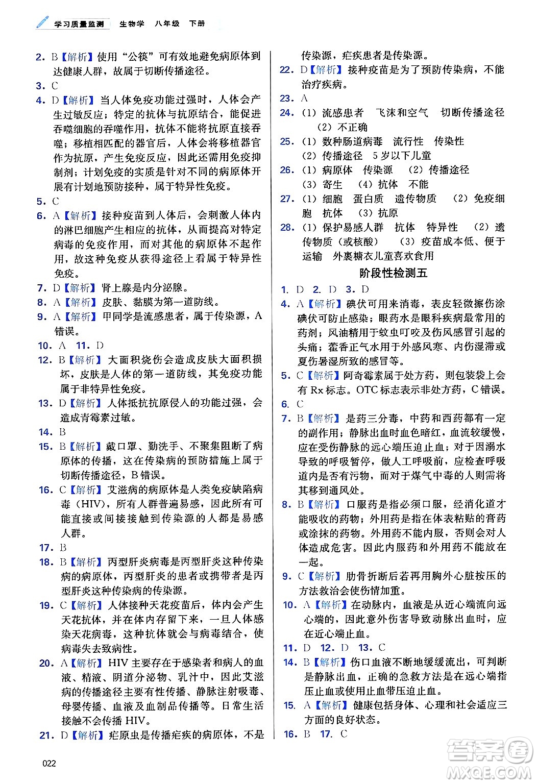 天津教育出版社2025年春學(xué)習(xí)質(zhì)量監(jiān)測(cè)八年級(jí)生物下冊(cè)人教版答案