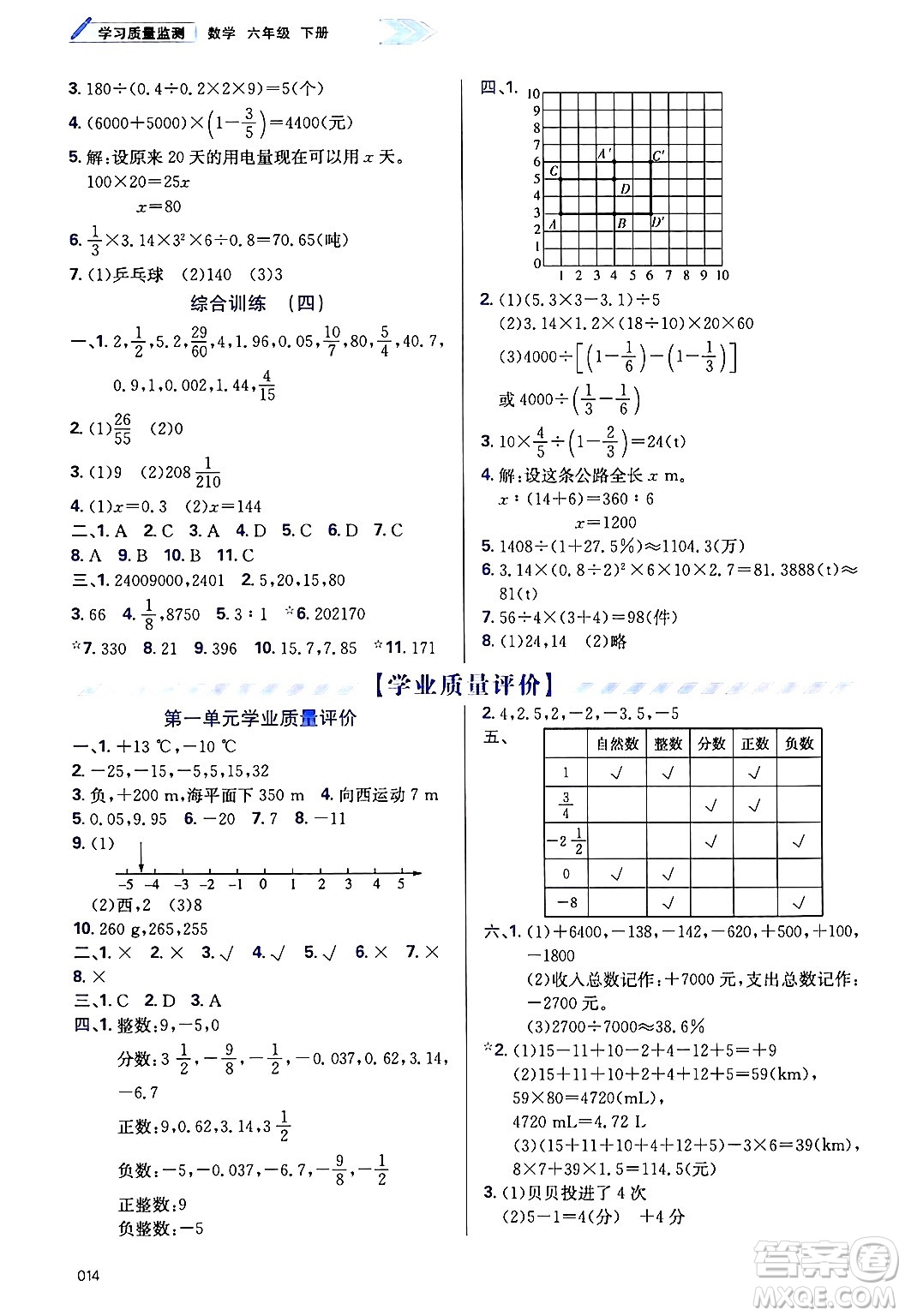天津教育出版社2025年春學(xué)習(xí)質(zhì)量監(jiān)測(cè)六年級(jí)數(shù)學(xué)下冊(cè)人教版答案
