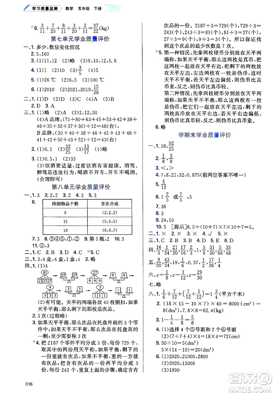 天津教育出版社2025年春學(xué)習(xí)質(zhì)量監(jiān)測(cè)五年級(jí)數(shù)學(xué)下冊(cè)人教版答案