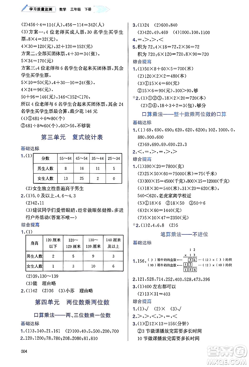 天津教育出版社2025年春學(xué)習(xí)質(zhì)量監(jiān)測三年級數(shù)學(xué)下冊人教版答案