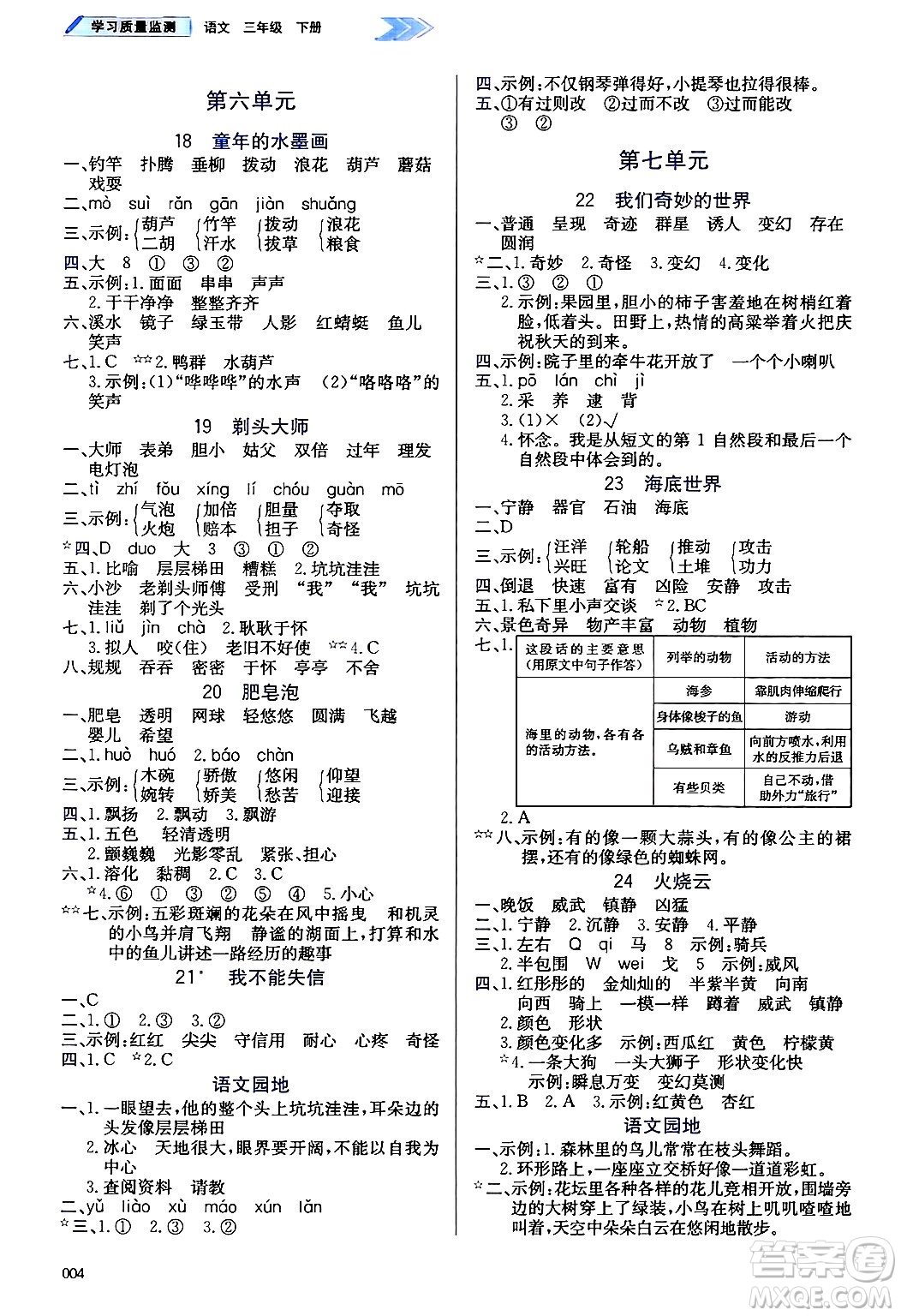 天津教育出版社2025年春學(xué)習(xí)質(zhì)量監(jiān)測三年級(jí)語文下冊(cè)人教版答案