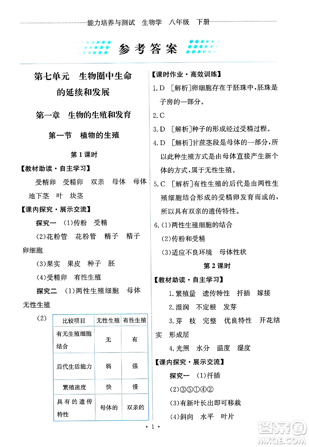 人民教育出版社2025年春能力培養(yǎng)與測試八年級生物下冊人教版答案