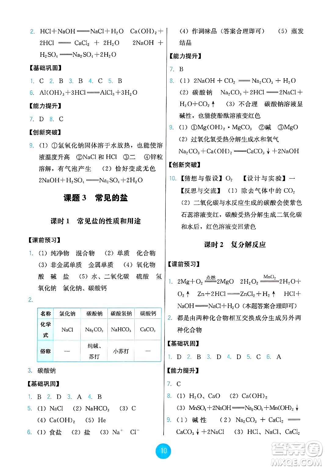 人民教育出版社2025年春能力培養(yǎng)與測試九年級化學下冊人教版答案