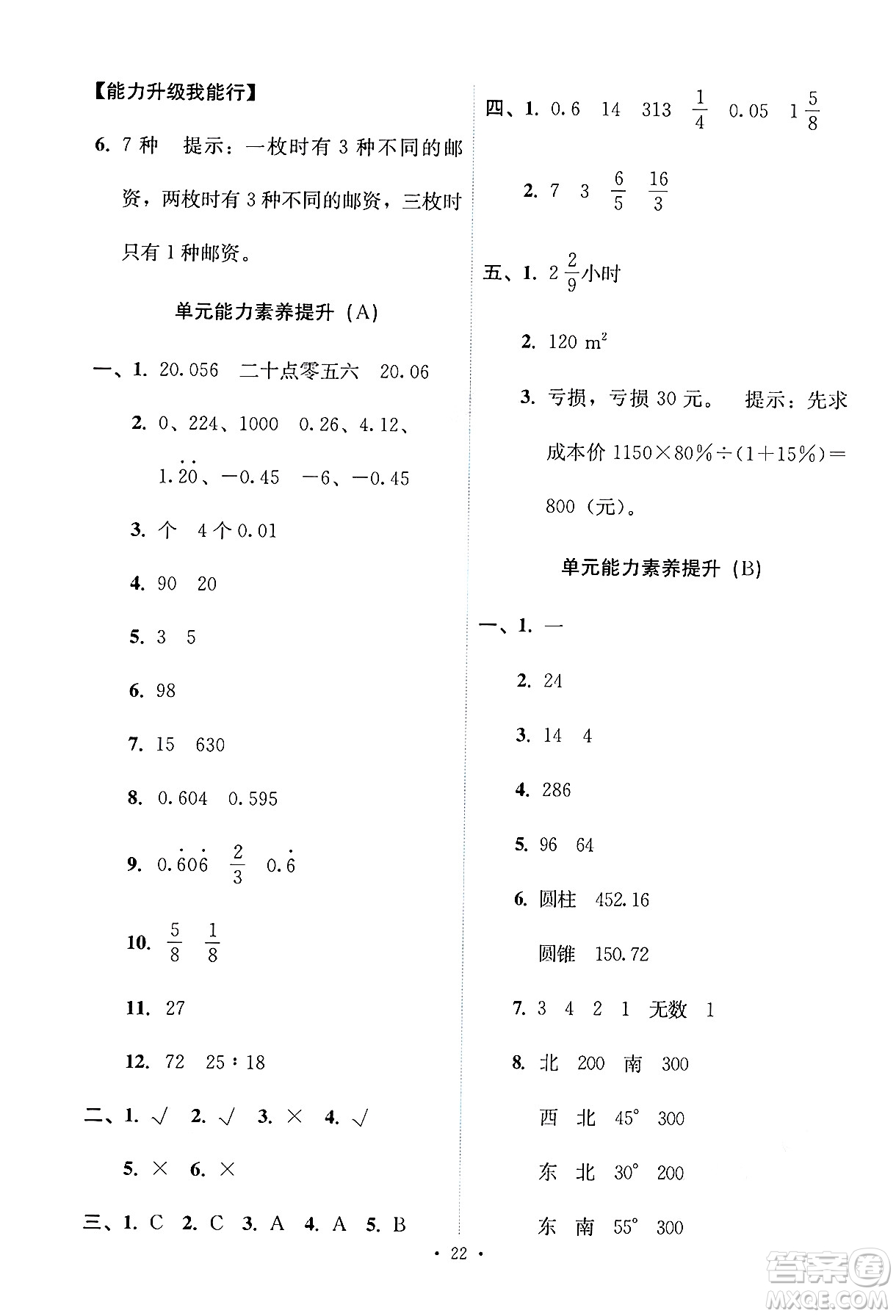 人民教育出版社2025年春能力培養(yǎng)與測試六年級數(shù)學(xué)下冊人教版答案