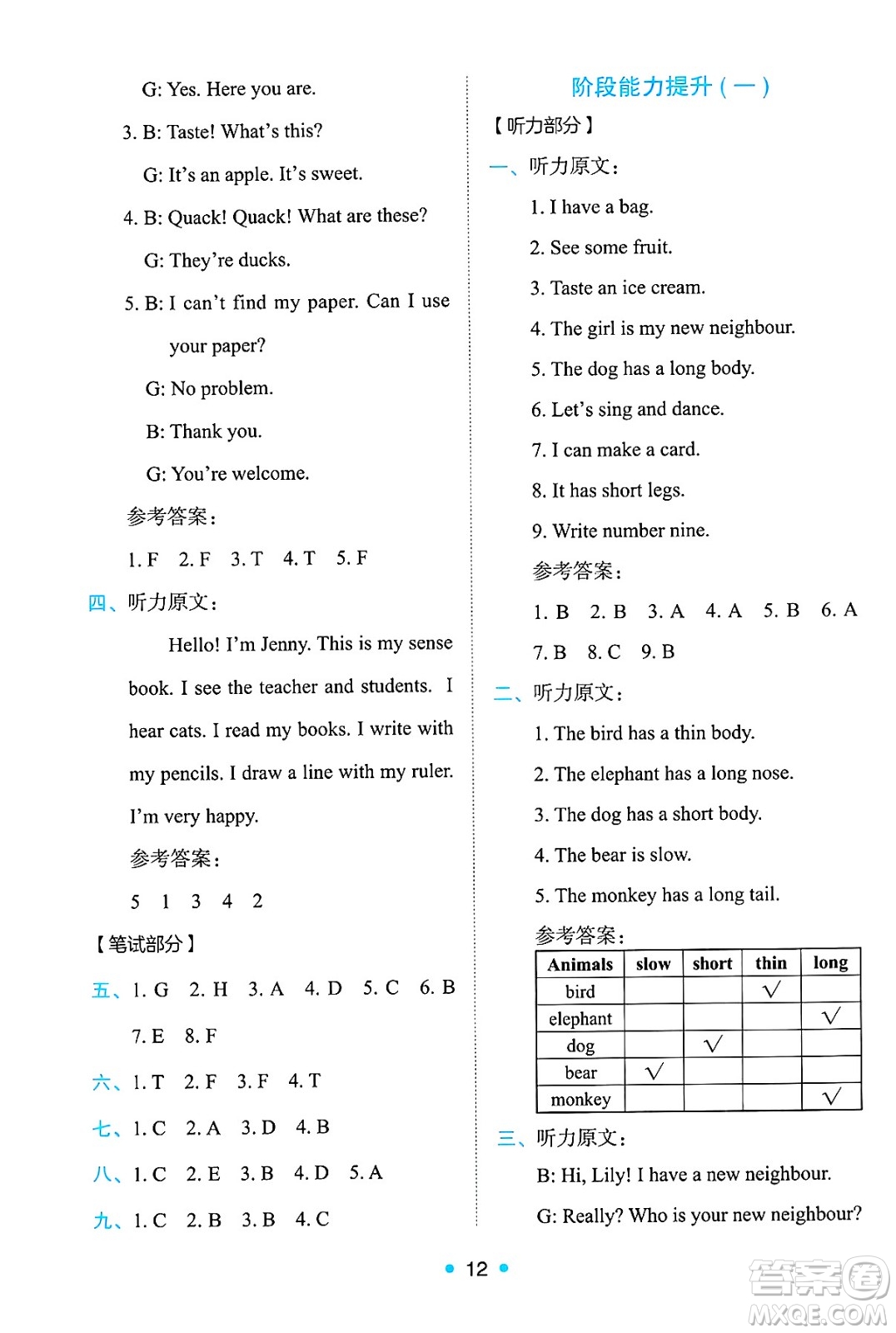 人民教育出版社2025年春能力培養(yǎng)與測試三年級英語下冊人教PEP版答案