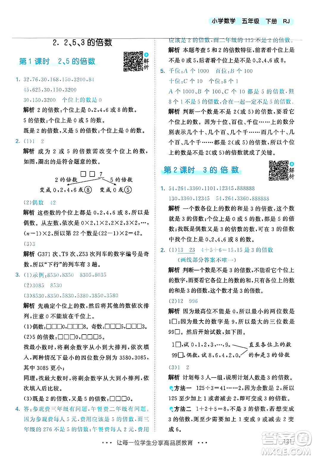山東畫報出版社2025年春53天天練五年級數(shù)學下冊人教版答案