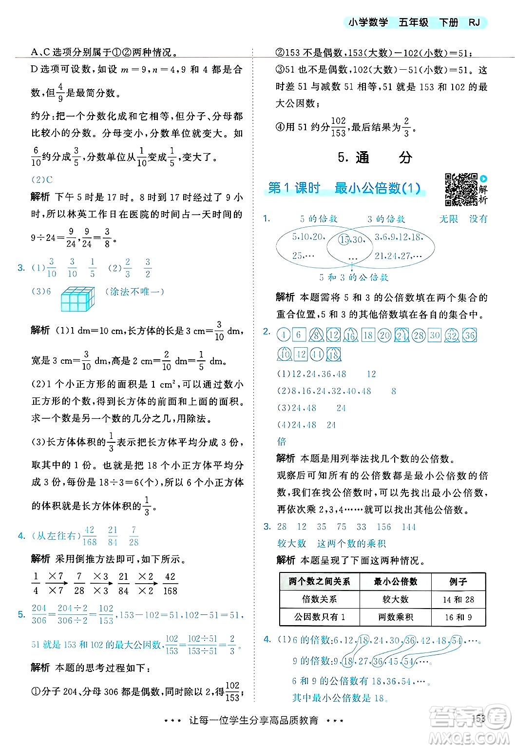 山東畫報出版社2025年春53天天練五年級數(shù)學下冊人教版答案