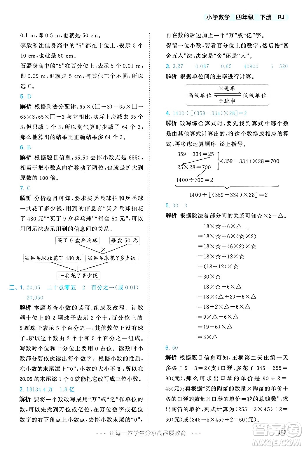 山東畫報出版社2025年春53天天練四年級數(shù)學下冊人教版答案