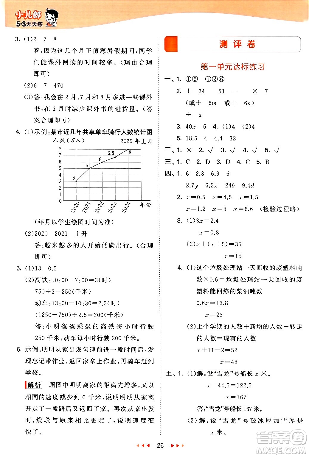 山東畫報出版社2025年春53天天練四年級數(shù)學(xué)下冊青島版五四制答案