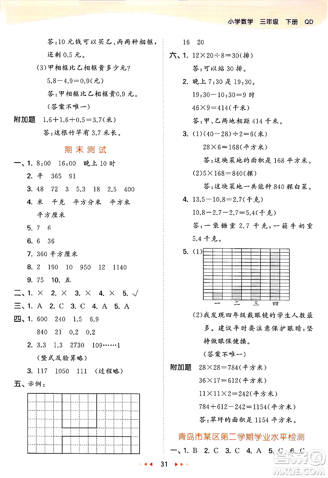 山東畫報(bào)出版社2025年春53天天練三年級(jí)數(shù)學(xué)下冊青島版答案